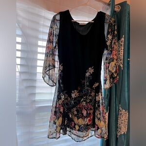 Black Bead Black Floral Sheer Long Sleeve Dress Size M